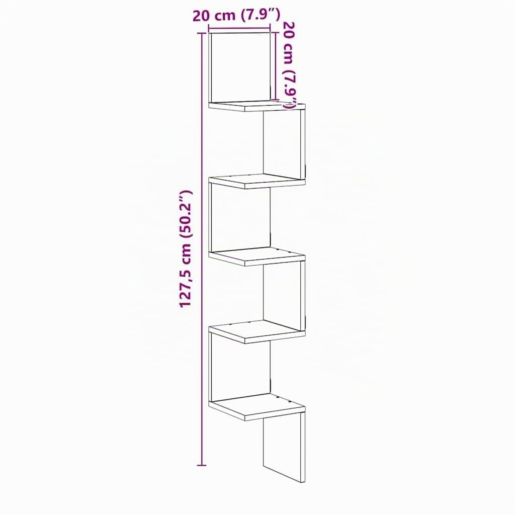vidaXL Estantería Pared de Esquina Madera Roble Artisan 20x20x127,5 cm, Estante de Pared, Estante montado en Pared, Estante de Pared