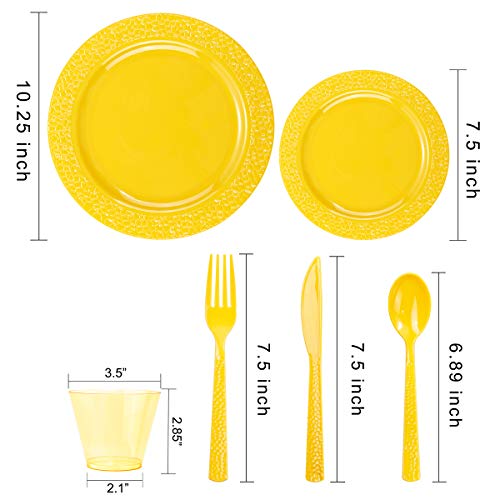Nervure 150Pcs Yellow Plastic Plates With Yellow Hammered Silverware Include 25Dinner Plates, 25Dessert Plates, 25Knives, 25Forks, 25Spoons & 25Cups For Spring Picnic & Parties& Easter #TOP2