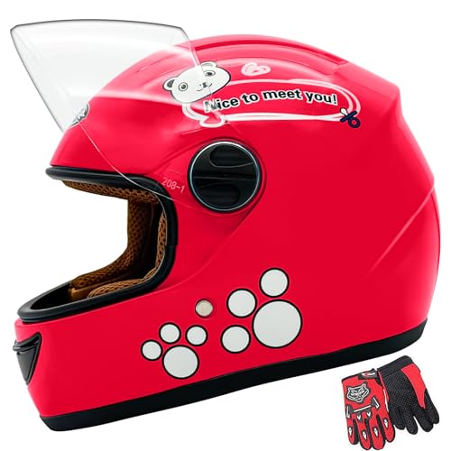 Kids Full Face Motorcycle Helmet with Cute Panda Cartoon Design and Paw Print Graphics (Red)