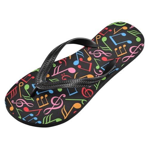 ALAZA Colorful Music Notes Black Flip Flops for Women Fashion Beach Slippers Comfort Mens Flip Flops Non-Slip Rubber Shower Slippers Sandal for Hotel Travel Sport,XS2