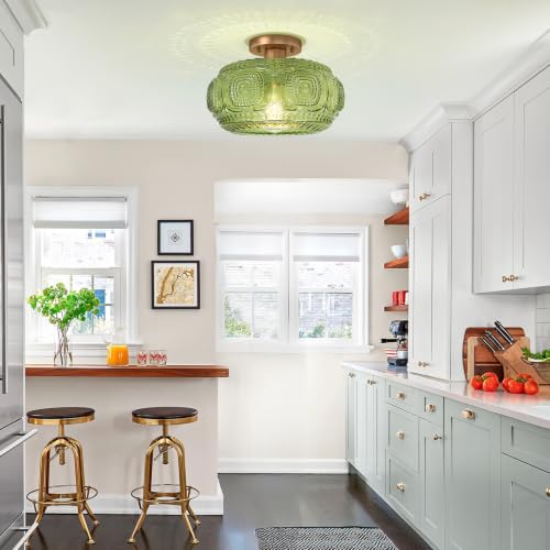 Image of 12 inch Art Deco Glass Semi Flush Mount Ceiling Light Fixture, Green