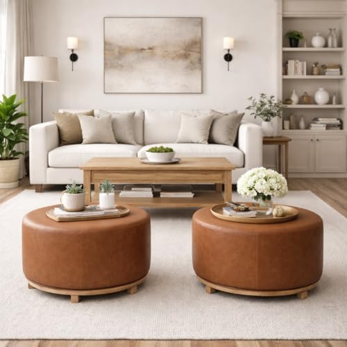 Image of HomePop 32 inch Haven Ottoman with Wood Base - Chestnut Brown Faux Leather
