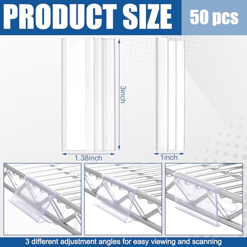 Image of Kathfly 50 Pack Wire Shelf Label Holders Shelf Cable Tags for Wire Shelving 3 Viewing Angles 3 inch Adjustable Clear Plastic Rack Label Holder Retail Clips Compatible with 1-1 /4in Metro Shelving