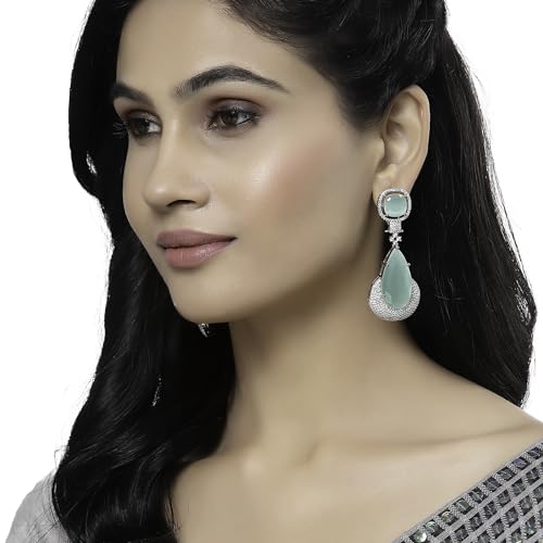 Rhodium-Plated Teardrop Drop Earrings With American Diamond Studs