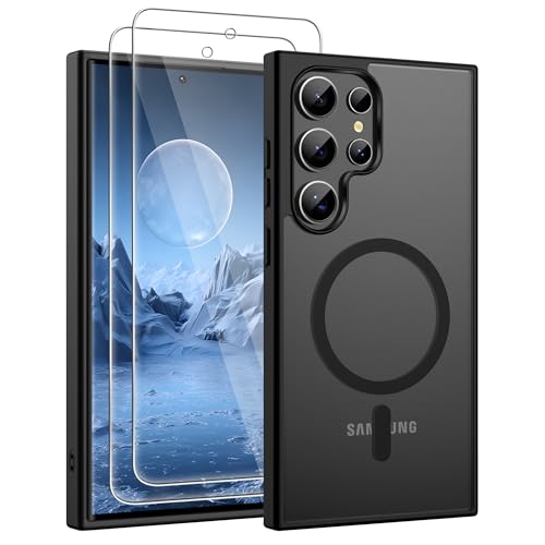 Jshru Magnetic for Samsung S24 Ultra Case Compatible with Magsafe with HD Screen Protectors X2 [Durable & Sturdy] Slim Translucent Protective Cover Galaxy S24 Ultra-Black