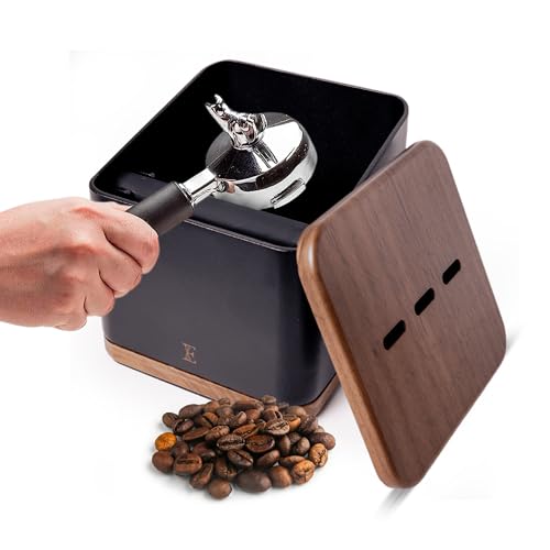 Encanto Luxe Espresso Knock Box with Lid – 1L Steel Coffee Knock Box Espresso with Walnut Non-Slip Base, Quiet Rubber Bar, Barista Essential for Home Coffee Station (Holds 20–25 Pucks), Black
