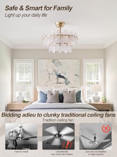 Image of 20 inch Gold Fandelier Ceiling Fan with Light,Gold Crystal Chandelier Ceiling Fans with Lights and Remote Control,Mid-Century Modern Caged with 6 Speeds for Living Room Bedroom Nursery