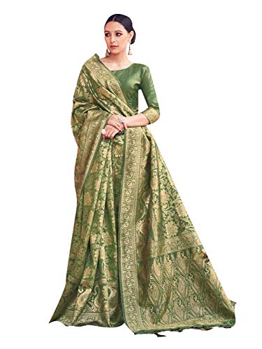 Sarees for Women Banarasi Art Silk Woven Saree || Indian Wedding Gift Sari with Unstitched Blouse Olive Green