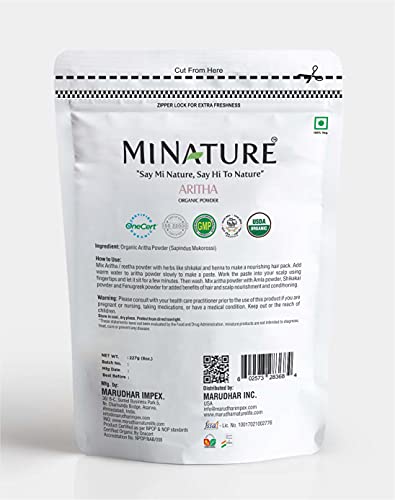 Usda Organic Aritha Powder/Soap Nut Powder(Sapindus Laurifolia) By Mi Nature For Silky Hair - (227G / (1/2 Lb) Usda Nop Certified 100% Organic | Excellent Hair Conditioner | From India #TOP1