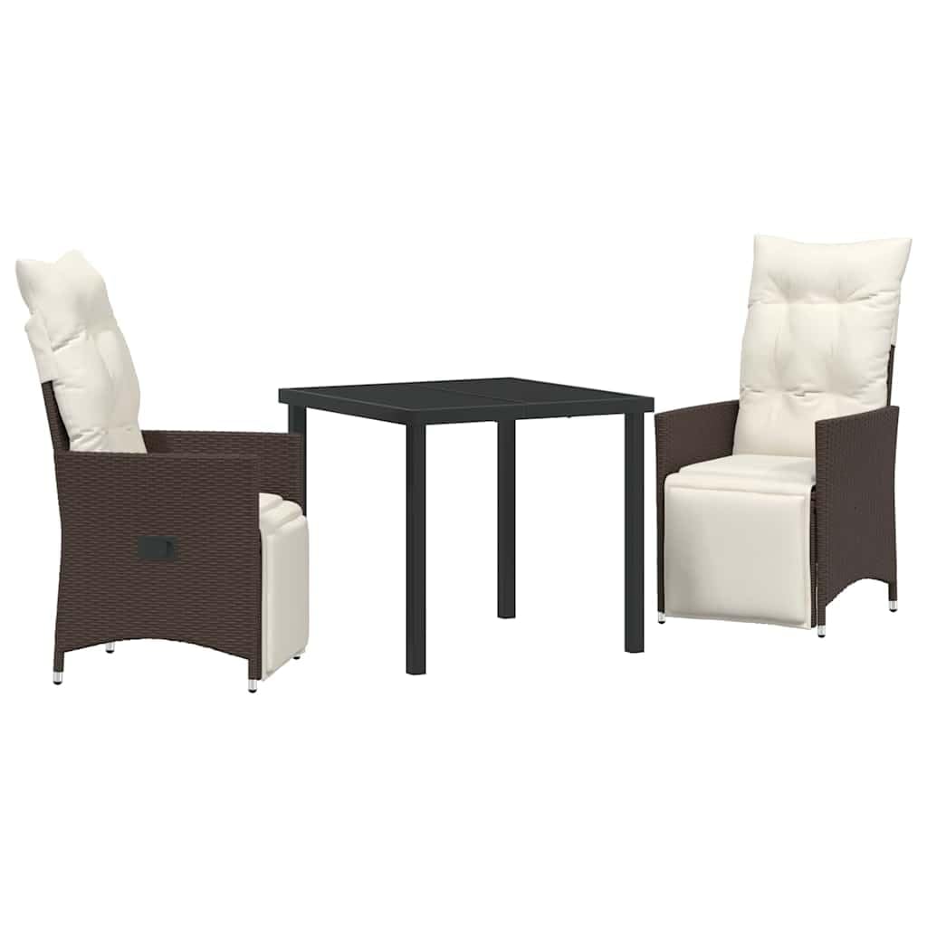 Salon de jardin polyrotin 3 pcs marron avec coussins et table en verre chic
