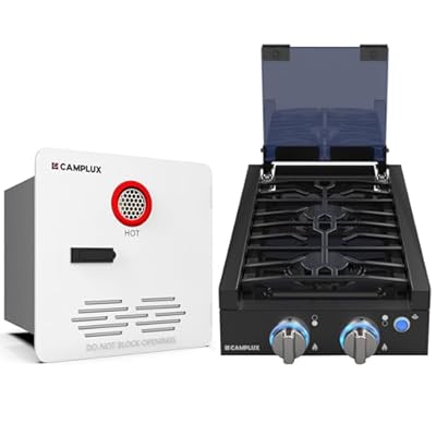 CAMPLUX RV Cooktop 2 Burners with Tankless RV Water Heater 65,000 BTU RE264, Max 3.9 GPM, Classic Series