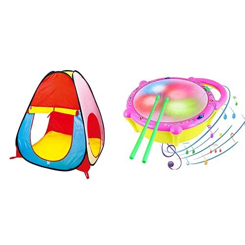 Image of Popsugar Camp N Play Tent for Kids | Indoor or Outdoor, Foldable Tent, Portable, Multicolor & Popsugar Flash Drum with Sticks - Pink and Yellow Combo