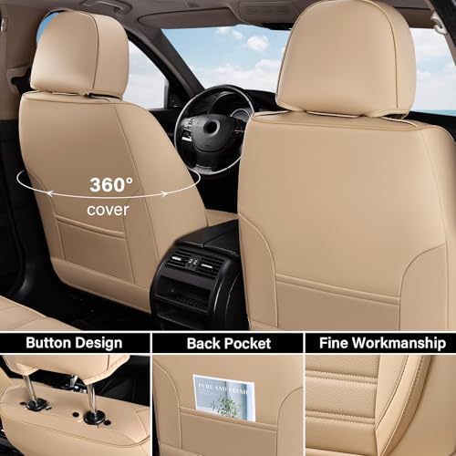 Image of Car Seat Covers Full Set, Beige Seat Covers for Cars, Automotive Seat Covers, Waterproof Nappa Leather Front Seats and Back Car Seat Protector, Universal Fit for Most Cars SUV Trucks