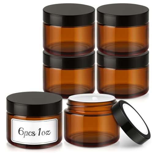 Bumobum 1oz Glass Jars with Lids 6 Pack Small Amber Glass Jars with Labels Refillable Empty Cosmetic Containers for Lip Balm Scrub Creams Lotions