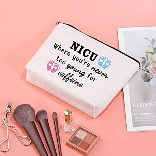 JXGZSO Nurse Midwife Gift NICU Nurse Makeup Bag NICU Where You’re Never Too Young For Caffeine Cosmetic Bag Preemie Nurse Gift (Too Young For B)2
