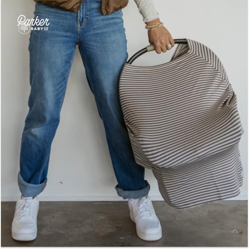 Image of Parker Baby 4 in 1 Car Seat Cover for Girls and Boys - Stretchy Carseat Canopy, Nursing Cover, Grocery Cart Cover, High Chair Cover - inchPewter /Snow Stripes inch