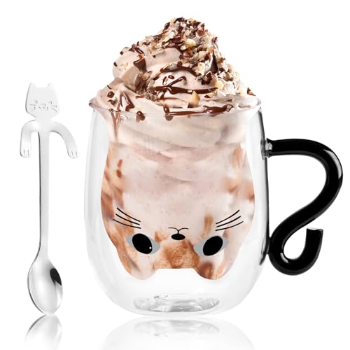 Doppelwandige Süße katze Latte Macchiato Gläser Kaffeetasse Katze Doppelwandige Kaffeegläser Valentinstag SüßeTasse mit Henkel Teegläser für Cappuccino,Latte Macchiato,Tee, Geschenke für Frauen Kinder