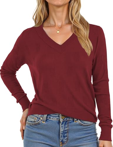 Image of Buauty Womens 2024 Fashion V Neck Long Sleeve Knitted Ribbed Pullover Sweaters Casual Lightweight Loose Fit Jumper Tops Jujube Red
