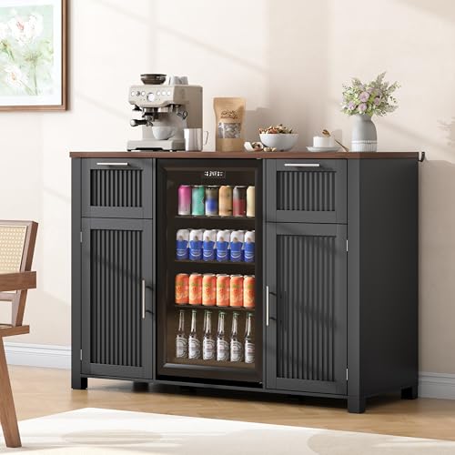 Image of Coffee Bar Cabinet with Fridge Space, Mini Fridge Cabinet with Power Outlet, Modern Wine Liquor Cabinet with 2 Drawers, Fluted Buffet Sideboard with Door Storage for Living Room, Kitchen, Home, Black