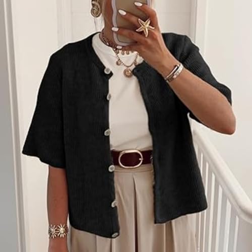 Image of Womens Button Up Short Sleeve Cardigans Sweater Cropped Lightweight Round Neck Elegant Knit Tops with Pockets