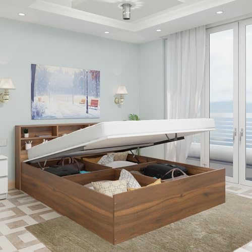 Image of VIKI Hydraulic Shelf King Size Bed with Storage (70x80) | Engineered Wood Hydraulic Lift Bed Frame | Wooden Storage Cot for Bedroom | Brussel Walnut | Free Assembly | 1 Year Warranty