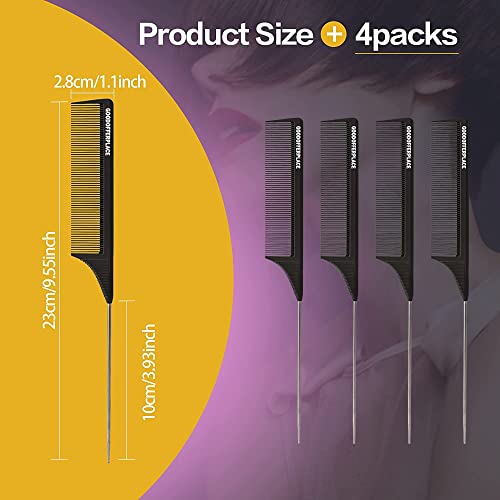 Goodofferplace 4Pcs Hair Rat Tail Combs Carbon Parting Rattail Combs Teasing Fine Tooth Comb Metal Hair Pick Detangling Combs Set For Women,Girls For Curly,Braiding,Styling Hair(Black) #TOP1