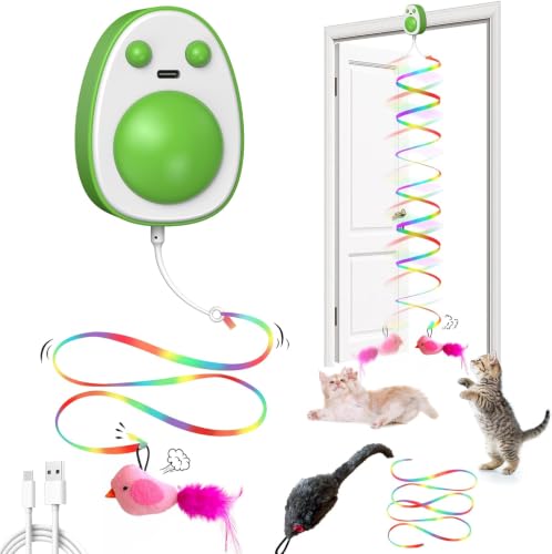Image of Interactive Cat Toys for Indoor Cats,Electric Flying Bird & Mouse Wand Teaser, Automatic Hanging Door Frame Chase /Hunt /Exercise Stimulate Feather Cat Toy for Bored Indoor Adult & Kitten (Green)