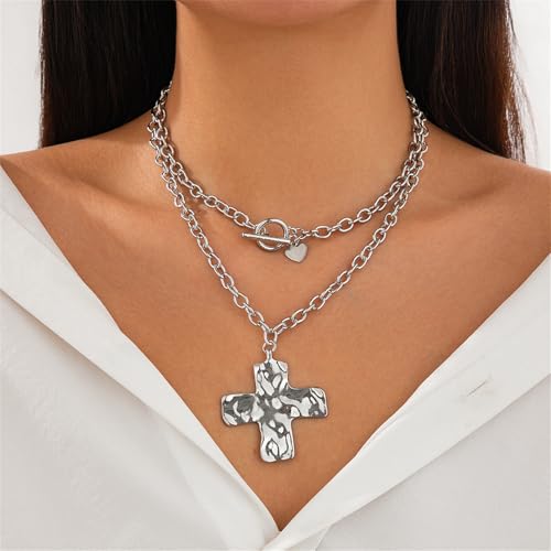 Gold Layered Chunky Cross Necklace for Women,Punk Vintage Hammered Big Cross Heart Pendant Neckalce Statement Thick OT Buckle Chain Necklace Fashion Jewelry2