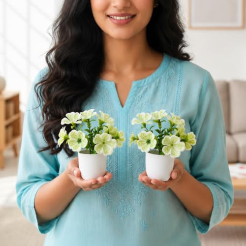Image of fancymart Artificial Real Touch Flower Plant with Pot (Pack of 2), 16 cm Height, Decorative Faux Floral Plant for Home, Office, Living Room, Bedroom, Table & Shelf Decor