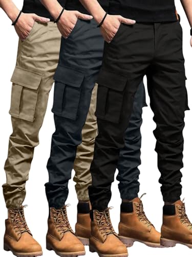 SOLY HUX Men's Cargo Pants Elastic Waist Slim Fit Outdoor Hiking Joggers with Pockets 3 Packs