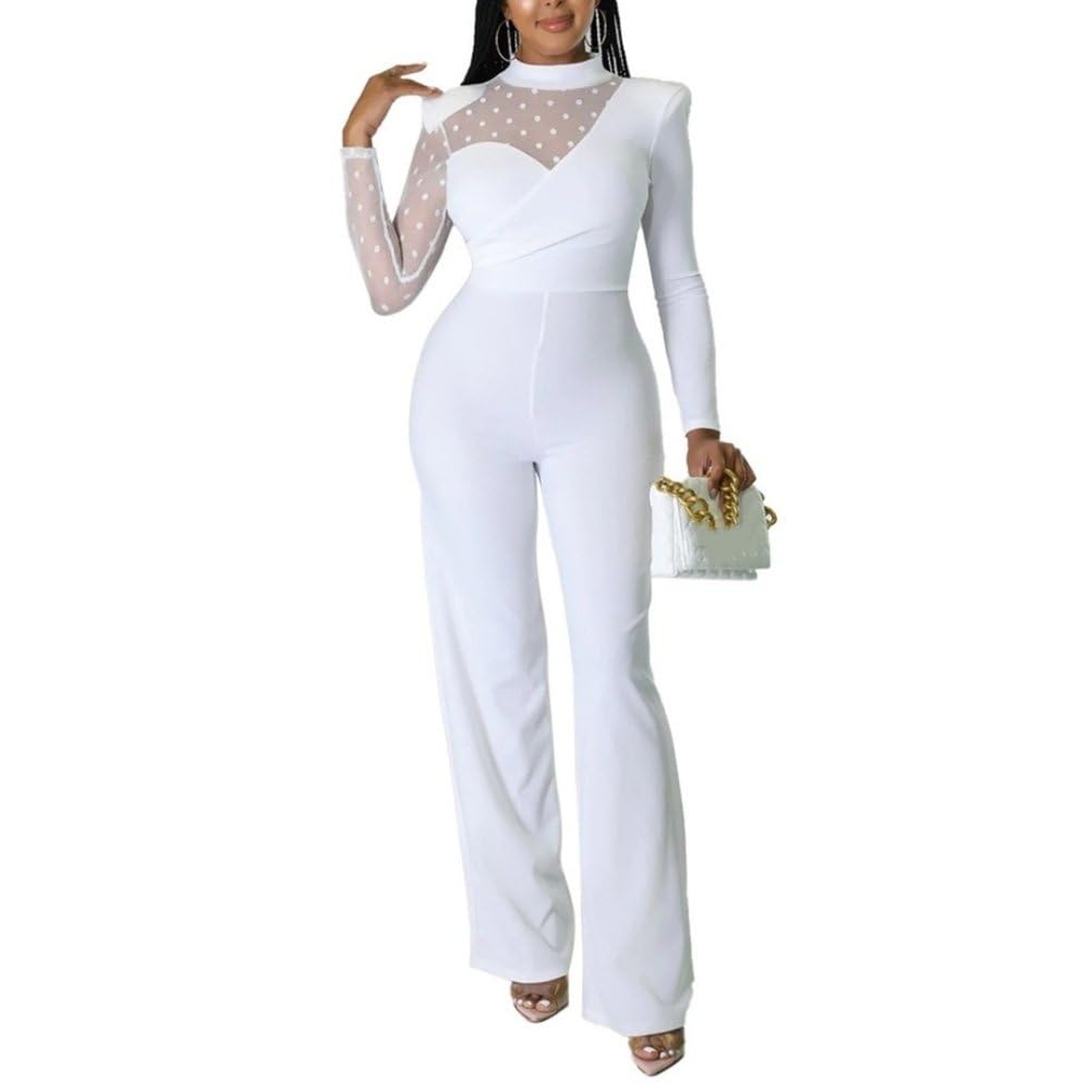 Combinaison Élégante Pour Femmes En Mesh Avec Manches Longues Col Montant Couleur Unie Et Taille Haute