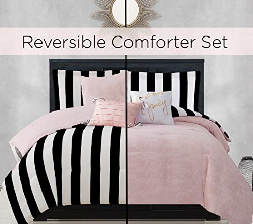 Image of Juicy Couture Cabana Stripe Reversible Bedding Set - Queen Size - Black and White Stripe Print - 6 Piece Set - Includes 1 90 inch x 90 inch Comforter, 3 Decorative Pillows, 2 Shams