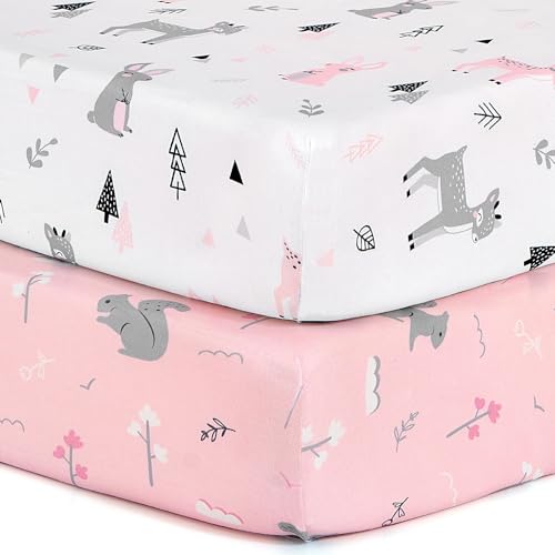 Image of BROLEX 2 Pack Mini Crib Sheets, Stretchy Portable Fitted Playard Sheet Set, Convertible Playard Mattress Cover, Ultra Soft Breathable Material, Squirrel Deer