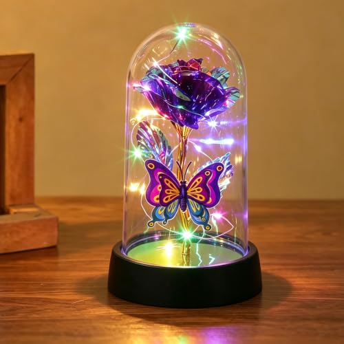 Product Image of the Zorilyn Glass Rose in Glass Dome, Light Up Flower, Purple Butterfly Gifts