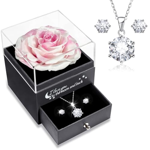 Sunia Presentes Originais para Mulher, Rosa Eterna com Colar e Brincos de Prata de Lei 925, Rosa Preservada para Mãe Avó Noiva, Presente de Aniversário para Mulher, Presentes de Natal, São Valentim