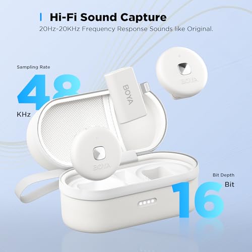 Image of BOYA Omic-D-W Wireless Lavalier Microphone for iPhone,Noise Cancelling iPhone Microphone Wireless with Magnetic Clip,18H Battery MFi Certified Lapel Microphone for iPhone /iPad Youtube Vlog Video-White