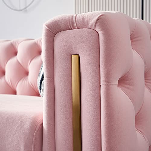 Image of KEIKI 84 inch Chesterfield Velvet Tufted Button Sofa with Removable Cushions and 2 Toss Pillows, Modern 3-Seater Couch with 4 Gold Metal Legs, Easy Assembly, for Living Room, Bedroom, Apartment, Pink