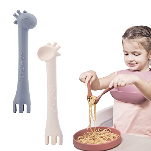 HOFISH 2-Pack Self Feeding Toddler Utensils,Silicone Toddler Forks and Toddler Spoons Training Set,Baby Spoons and Baby Forks for Easy Baby,Toddler,and Child Feeding Leaden Gray/Milky White