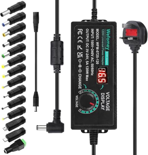 Power Supply 5A 120W Adjustable Variable AC/DC Adapter Charger, 100V-240V AC to DC 3V~24V Converter with LED Voltage Display & 14 Tips & Polarity Converter (5A)