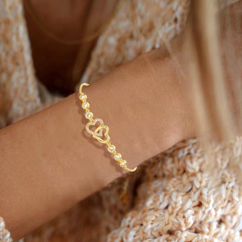 Dainty Adjustable 14k Gold Plated Heart Link Chain Bracelets for Women4