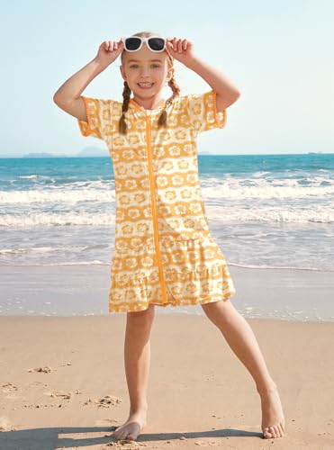 Image of BesserBay Girls Summer Beach Quick Dry Cover Up Ruffle Hem Terry Smocked Hooded 4-14 Years with Pockets