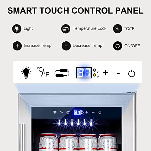 Image of Tylza 15 Inch Beverage Refrigerator, 130 Cans Quiet Beverage Fridge, 15'' Beverage Cooler Under Counter with Glass Door and Lock for Built-in or Freestanding With Temperature Memory Function TYBC100