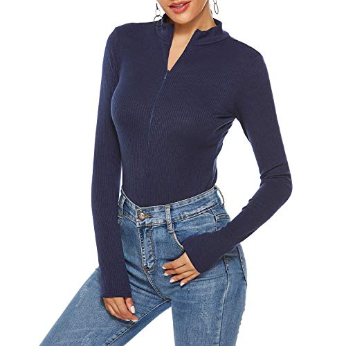 TOPMELON Women Long Sleeved Turtleneck Knitted Bodysuit Tops Deep-v Neck Zipper Bodycon Jumpsuit Body Suits Navy Blue