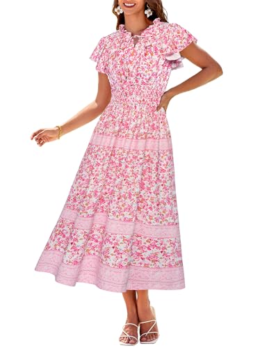 GRACE KARIN 2025 Damen Rundhals Langes Maxi Kleid Casual Lightweight A-Linie Fließendes Kleid mit Tasche Rosa Blumen-Weiß S