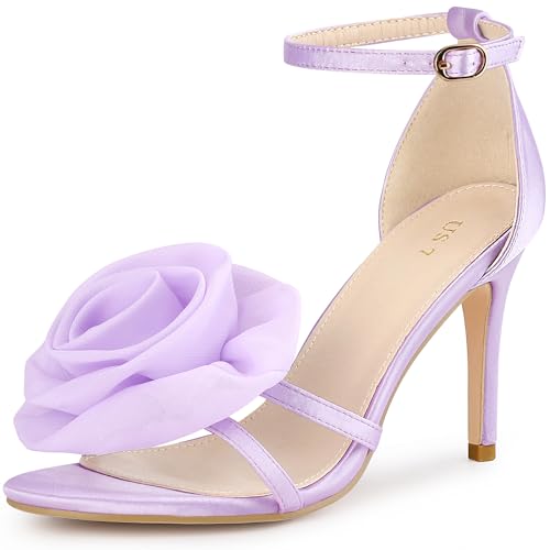 Perphy Flower Satin Sandal Ankle Strap Stiletto Heel Lilac Flowers Sandals for Women 8 M US