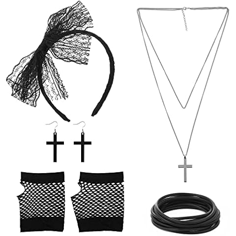 Yolev 80er Jahre Kostüm Zubehör Set 80er Jahre Outfit Damen mit Spitzen Stirnbändern Crossover Ohrringe Ketten Fingerlose Mesh Handschuhe Armbänder Damen Halloween Vintage Disco Party Accessoires Cover