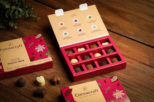 Image of Cocoacraft Magic Box 12 pcs | Handmade White, Milk & Dark Chocolate Pralines with Cranberry, Coffee, Almond, Orange & Caramel | Premium Gift Hamper for Wedding, Birthday & Corporate Gifting