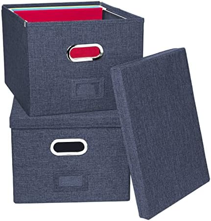Alfion File Box for Hanging Files with Lid 2-Pack | Portable Office File Organizer Storage Box with Handles in Sturdy MDF Board and Linen Fabric with Metal Filing Frame for Letter Size Folders (Blue)