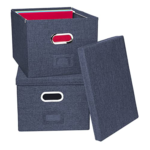 Alfion File Box For Hanging Files With Lid 2-Pack | Portable Office File Organizer Storage Box With Handles In Sturdy Mdf Board And Linen Fabric With Metal Filing Frame For Letter Size Folders (Blue) #TOP2