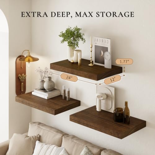 Image of 24 inch Extra Deep Floating Shelves, Set of 3, Walnut Wood | 24 inchL x 12 inchD x 1.8 inchH, Set of 3, Solid Paulownia Wood, Walnut Finish, Hidden Brackets, Hardware Included